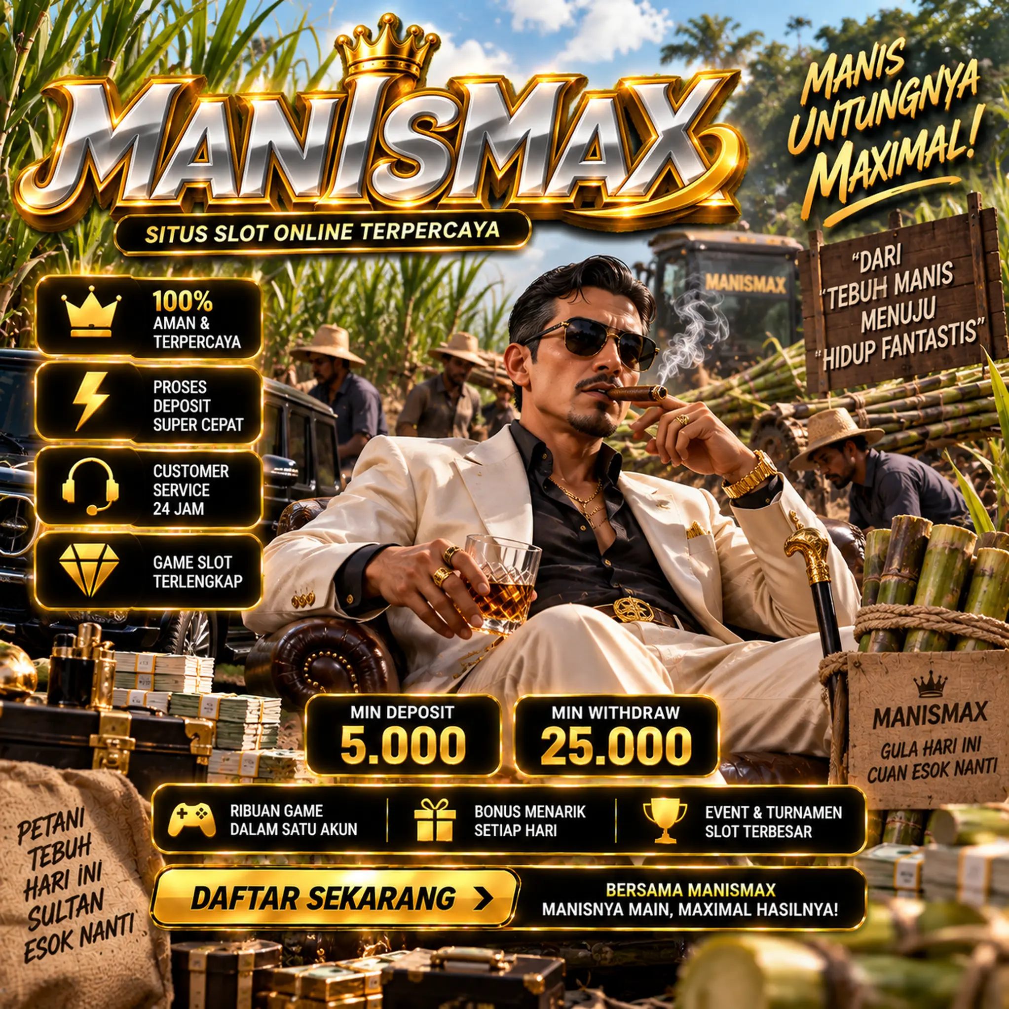 Banner MANISMAX dengan konsep hiburan online dan tampilan mewah
